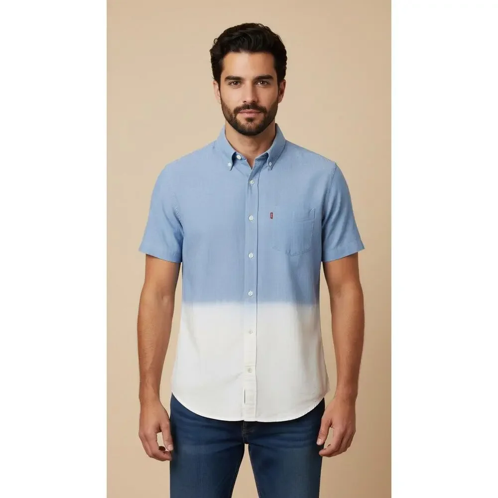 Levi's Men's Medium Blue Ombre Short‎ Sleeve Button-Up Shirt Casual